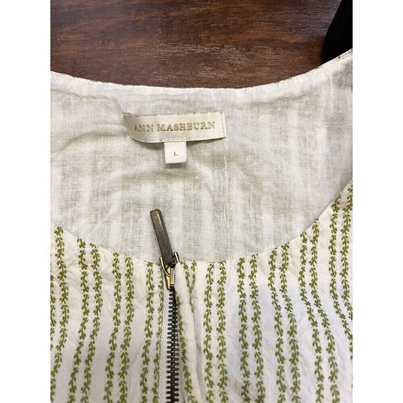 Ann Mashburn Full Zip Sleeveless Green/Cream Belted Pocket Midi Dress L 100% Cot - Picture 11 of 11